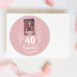 40 and Fabulous Foliage Pink Photo 40th Birthday  Classic Round Sticker<br><div class="desc">40 and Fabulous Foliage Pink Photo 40th Birthday Sticker. 40 and fabulous text in trendy white script with a name and white foliage on a pink background. Personalise it with your photo,  your name and the age.</div>