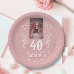 40 and Fabulous Foliage Pink Photo 40th Birthday  Paper Plate<br><div class="desc">40 and Fabulous Foliage Pink Photo 40th Birthday Party Paper Plates. 40 and fabulous text in trendy white script with a name and white foliage on a pink background. Personalise it with your photo,  your name and the age.</div>