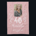 40 and Fabulous Foliage Pink Photo 40th Birthday  Tea Towel<br><div class="desc">40 and Fabulous Foliage Pink Photo 40th Birthday  kitchen towel. 40 and fabulous text in trendy white script with a name and white foliage on a pink background. Personalise it with your photo,  your name and the age.</div>
