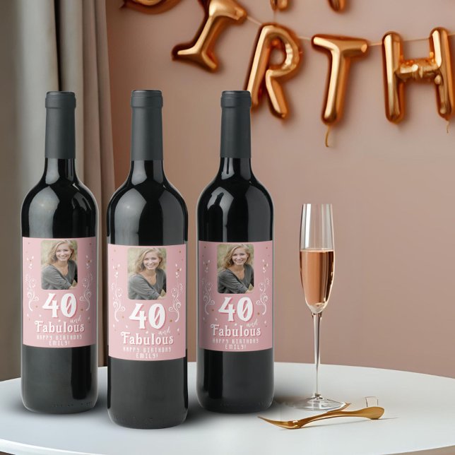 40 and Fabulous Foliage Pink Photo 40th Birthday  Wine Label (Creator Uploaded)