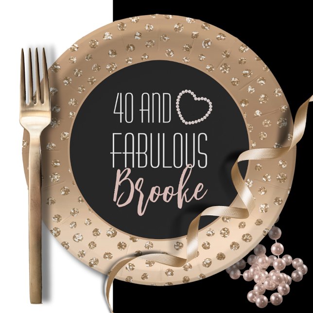 40 and Fabulous Girly Stylish Gold Black Blush  Paper Plate (Creator Uploaded)