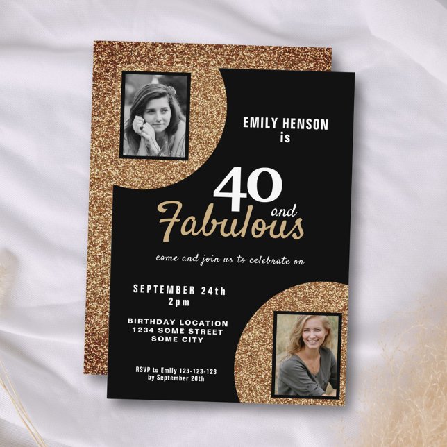 40 and Fabulous Gold Glitter 2 Photo 40th Birthday Invitation (Creator Uploaded)