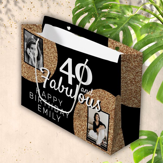 40 and Fabulous Gold Glitter 2 Photo 40th Birthday Large Gift Bag (Creator Uploaded)