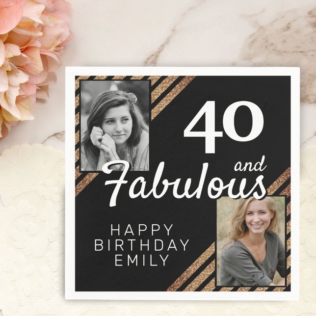 40 and Fabulous Gold Glitter 2 Photo 40th Birthday Napkin (Creator Uploaded)