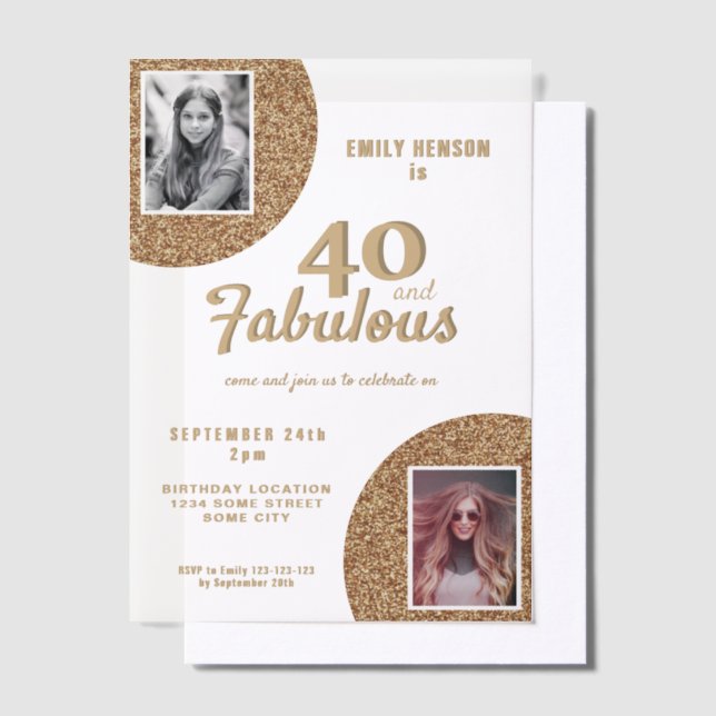 40 and Fabulous Gold Glitter 2 Photo 40th Birthday Vellum Invitations (Offset)