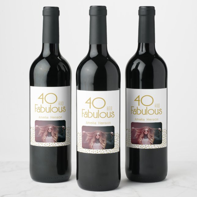 40 and Fabulous Gold Glitter 40th Birthday Photo  Wine Label (Bottles)