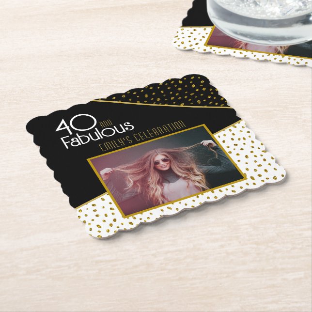 40 and Fabulous Gold Glitter Photo 40th Birthday  Paper Coaster (Angled)