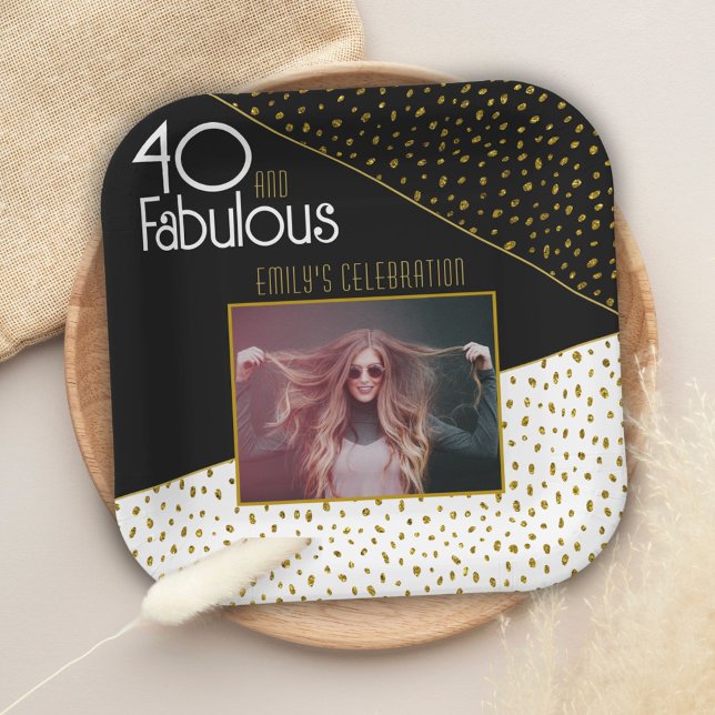 40 and Fabulous Gold Glitter Photo 40th Birthday  Paper Plate (Creator Uploaded)