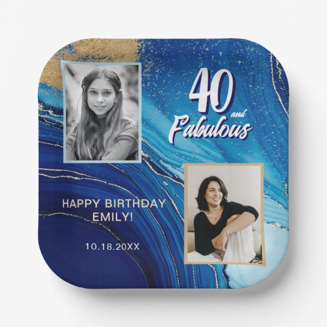 40 and Fabulous Marble Glitter 2 Photo Birthday Paper Plate (Front)