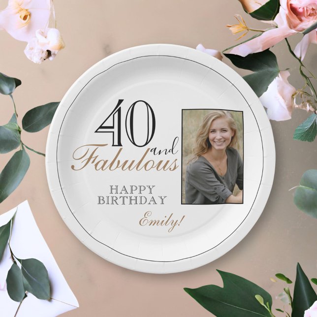 40 and Fabulous Modern Elegant Birthday Photo Paper Plate (Creator Uploaded)