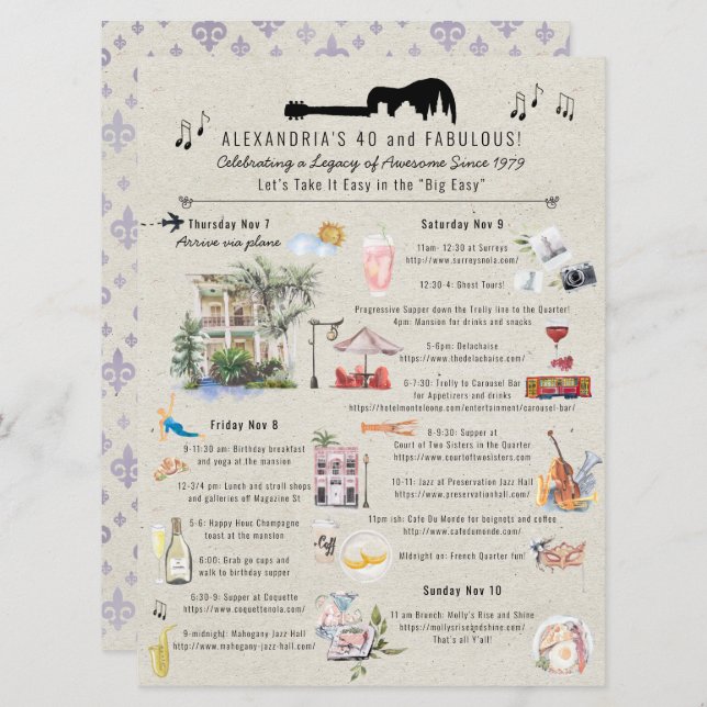 40 and Fabulous | New Orleans Birthday Itinerary Invitation (Front/Back)