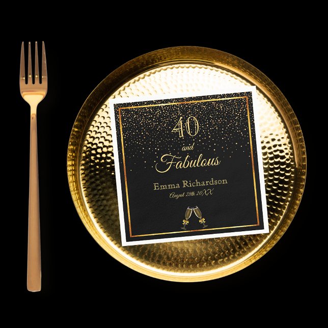 40 and fabulous on stylish black gold champagne napkin (Creator Uploaded)