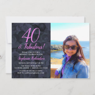 40 and Fabulous Pink Black Photo Birthday Party Invitation