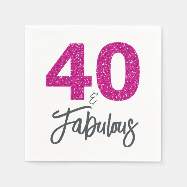 40 and Fabulous Pink Glitter Birthday Party Napkin (Front)