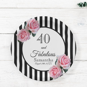 40 and fabulous pink roses on black white stripes paper plate