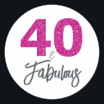 40 and Fabulous | Typography 40th Birthday Classic Round Sticker<br><div class="desc">40 and Fabulous 40th Birthday Sticker. The words "40 and Fabulous" in black and pink glitter are set using popular typography. Matching products such as an invitation card,  postage stamp,  adress labels and envelopes are available in our store. Other colours are also available!</div>