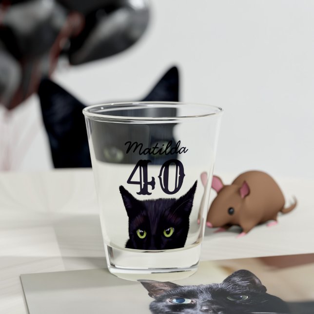 40 Birthday Black Cat Art Personalised Age Shot Glass (Happy 40th Birthday! If you love shot glasses and black cats, this is the shot glass just for you!)