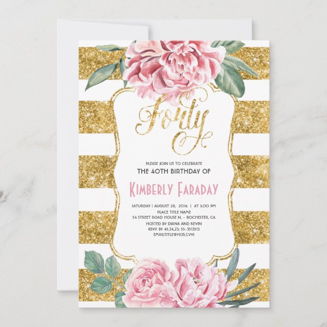 40 Birthday Party - Floral Gold - Glam Invitation (Front)
