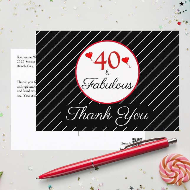 40 & Fabulous 40th Birthday Photo Black Thank You Postcard (40 & Fabulous 40th Birthday Photo Black Thank You Postcard)