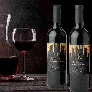 40 fabulous birthday black gold glitter sparkle wine label