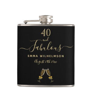 40 fabulous birthday black gold monogram script hip flask