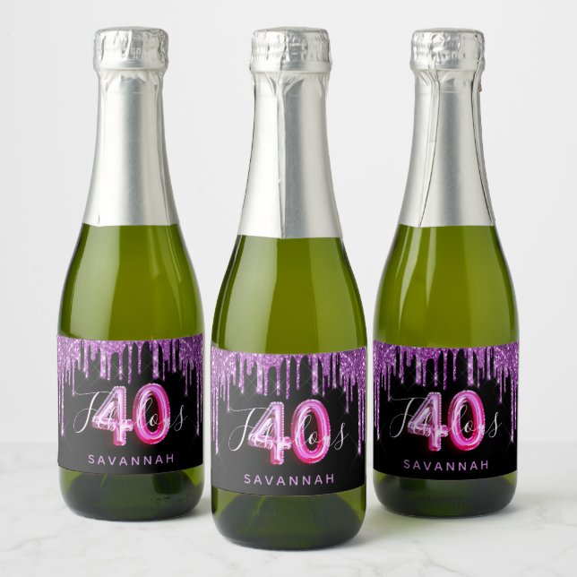 40 Fabulous birthday black pink purple glitter Sparkling Wine Label (Bottles)