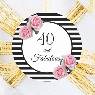 40 fabulous birthday black stripes pink florals classic round sticker