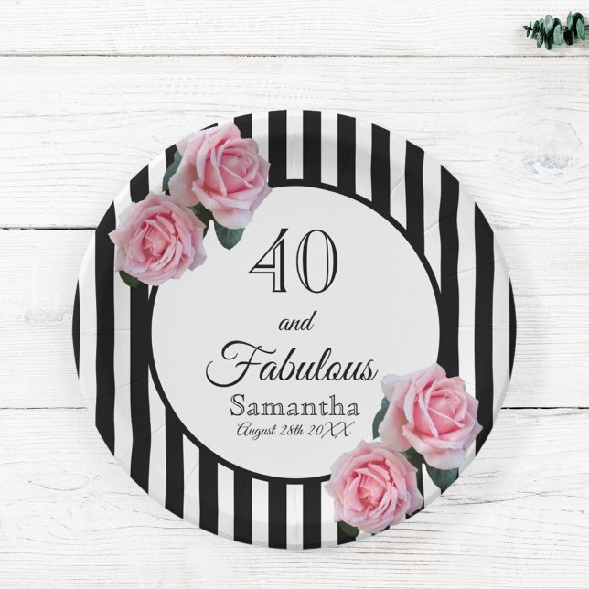 40 fabulous birthday black stripes pink florals paper plate (Creator Uploaded)