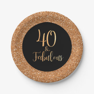 40 & Fabulous Birthday Gold Glitter Black Paper Plate