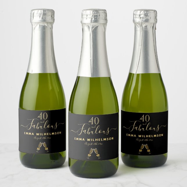 40 fabulous birthday party black gold monogram sparkling wine label (Bottles)