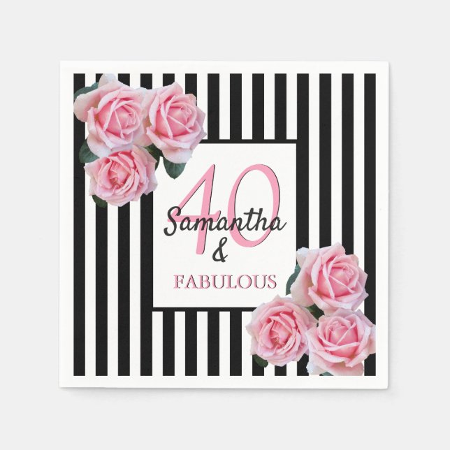 40 fabulous birthday pink black white stripes napkin (Front)