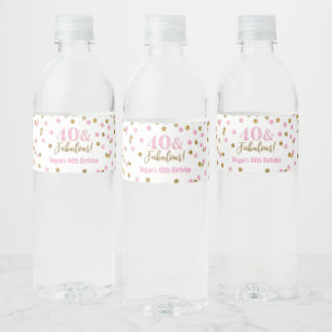 40 & Fabulous Birthday Pink Gold Confetti Water Bottle Label