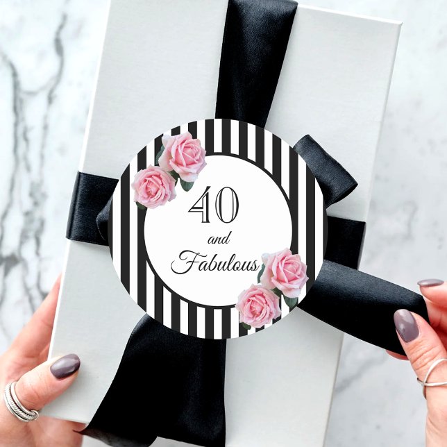 40 fabulous birthday pink roses black white classic round sticker (Creator Uploaded)