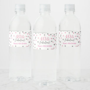 40 & Fabulous Birthday Pink Silver Confetti Water Bottle Label