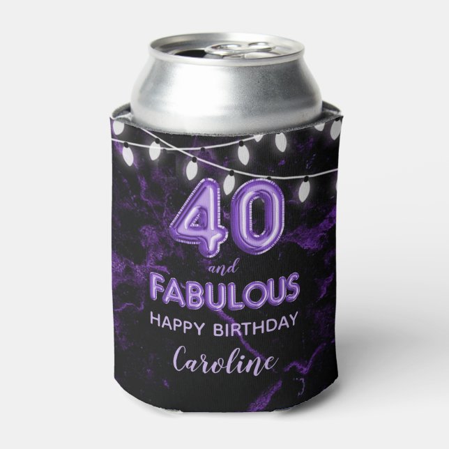 40 & Fabulous Birthday Purple Black Balloon Lights Can Cooler (Can Front)