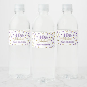 40 & Fabulous Birthday Purple Gold Confetti Water Bottle Label