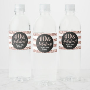 40 & Fabulous Birthday Rose Gold Glitter Stripes Water Bottle Label