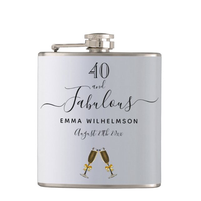 40 fabulous birthday silver monogram script hip flask (Front)