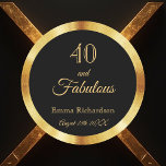 40 fabulous black gold name classic round sticker<br><div class="desc">Elegant, classic, and simple 40 and fabulous birthday sticker. Chic classic black background color with a faux gold frame. The text: 40 and fabulous. Templates for her name and a date. Date of birth or the date of the party. Golden letters. Perfect for party favors or as a save the...</div>
