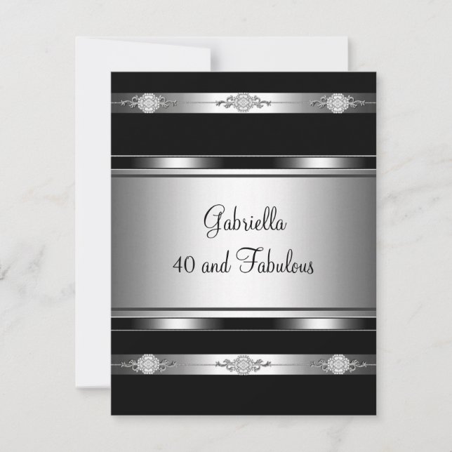 40 & Fabulous Black Silver Trim Birthday Party Invitation (Front)