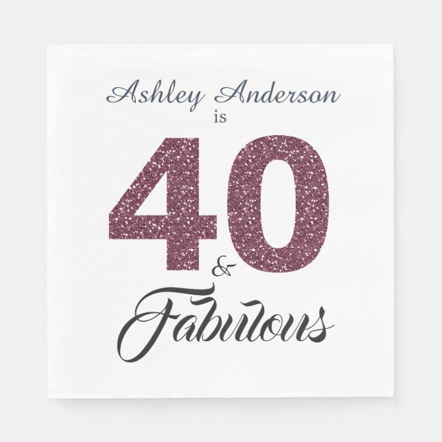 40 Fabulous Burgundy Glitter 40th Birthday Party Napkin (Front)
