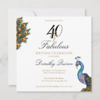 40 & Fabulous Elegant Watercolor Peacock Birthday