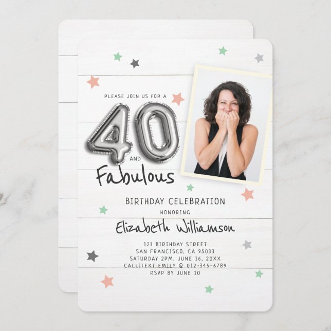 40 & Fabulous Foil Balloon Stars Photo Birthday Invitation (Front/Back)