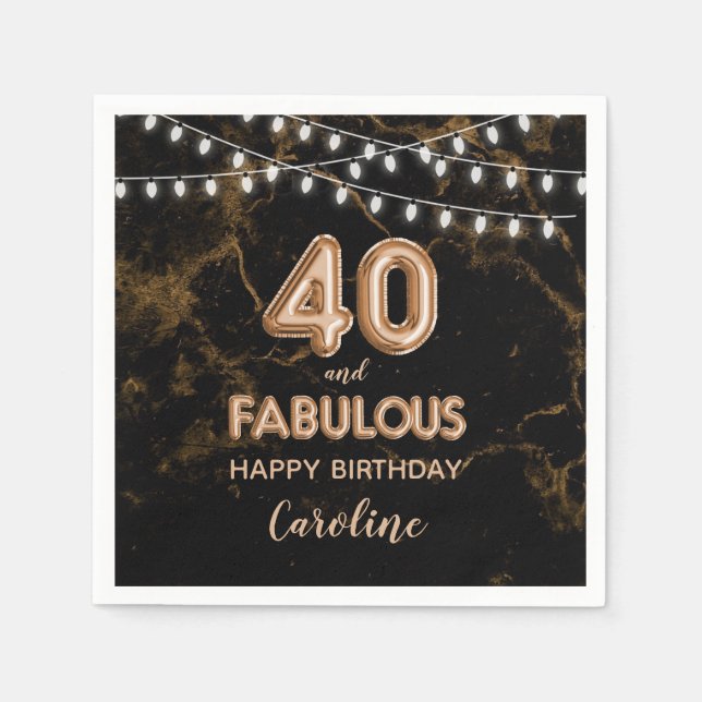 40 & Fabulous Gold Foil Balloons & String Lights Napkin (Front)