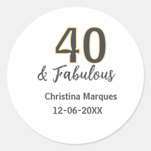 40 & fabulous gray yellow birthday calligraphy classic round sticker
