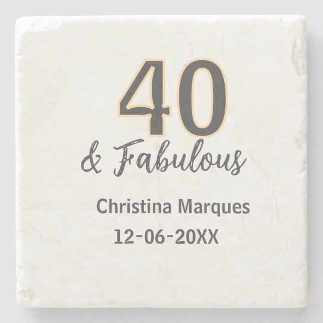 40 & fabulous gray yellow birthday calligraphy  stone coaster (Front)
