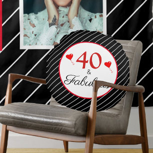 40 & Fabulous Hearts 40th Birthday Black & Stripes Round Cushion