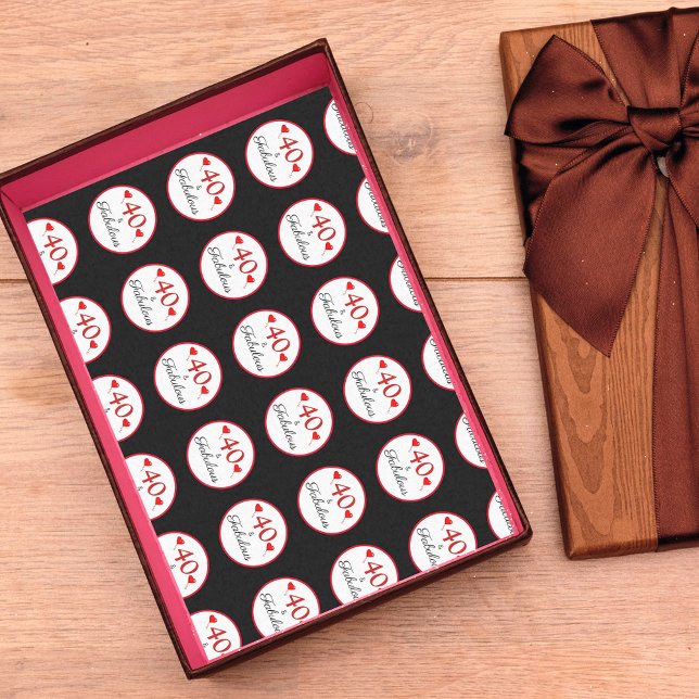 40 & Fabulous Hearts 40th Birthday Black Tissue Paper (40 Fabulous 40th Birthday Photo Black White Tissue Paper)