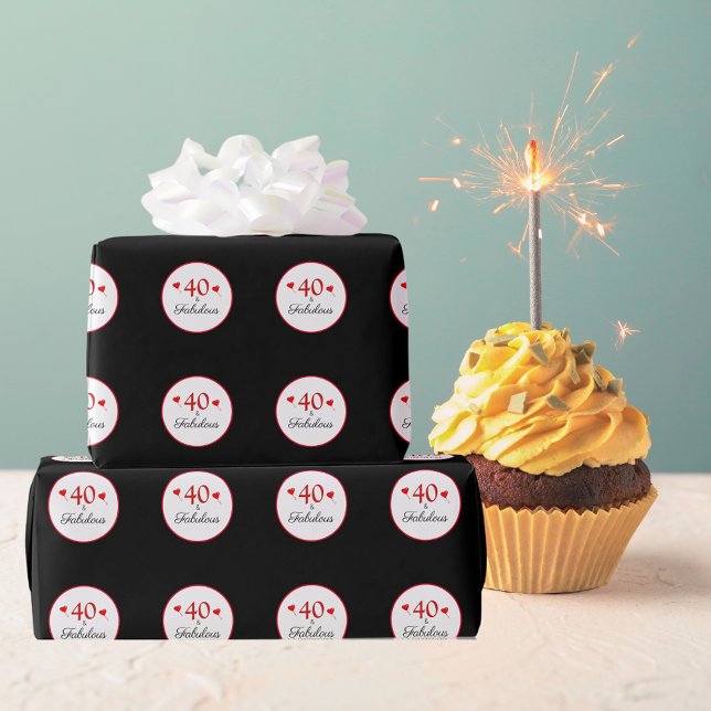 40 & Fabulous Hearts 40th Birthday Photo Black Wrapping Paper (40 & Fabulous Hearts 40th Birthday Photo Black Wrapping Paper)