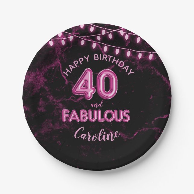 40 & Fabulous Pink Foil Balloons & String Lights Paper Plate (Front)